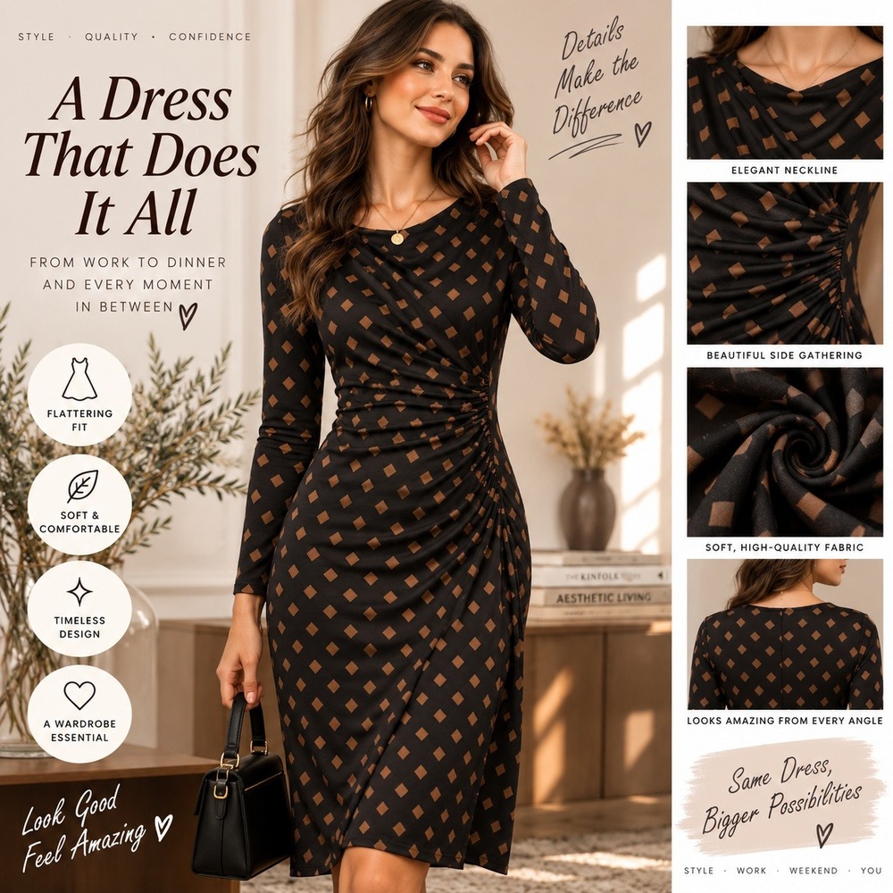 Lauren Ralph Lauren Black Brown Diamond Print Faux Wrap Jersey Dress Size 6